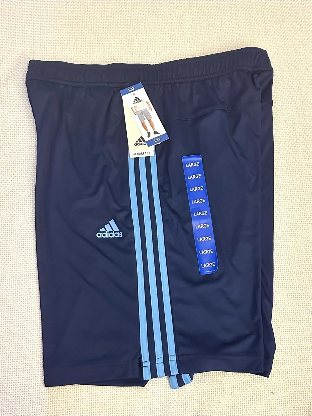 adidas NWT AeroReady Athletic Shorts Men’s L Navy Blue 3 Stripe Drawstring Gym